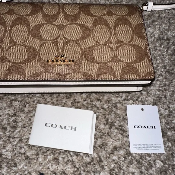 Coach Signature Khaki Chalk Coated Canvas Foldover clutch Crossbody Bag